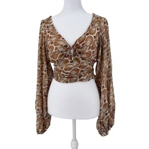 Urban Outfitters‎ Kary Wrap Kayhole Crop Top Long Sleeve Sheer Retro Print S